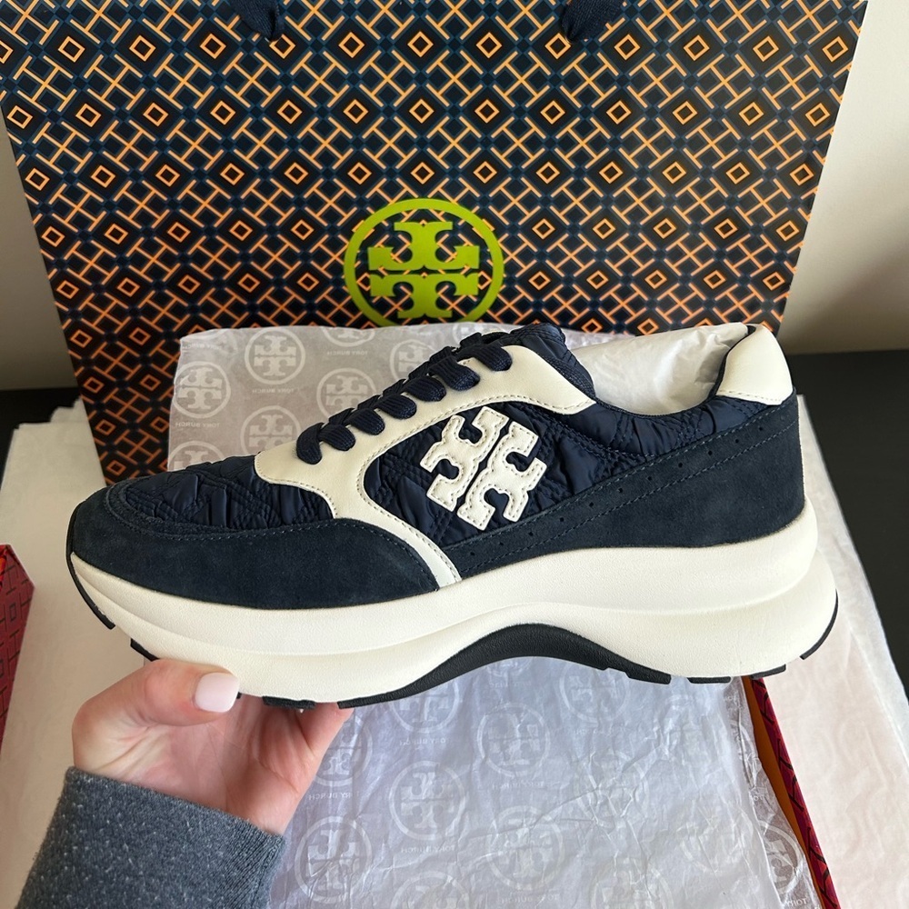 Tory Burch Kick Trainer Sneakers Size 9 Satin Tory Navy white Blue - Picture 2 of 10